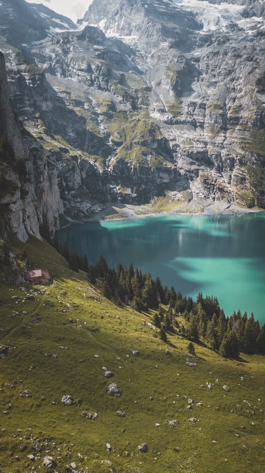 green grass field near body of water in Oeschinen Lake Switzerland