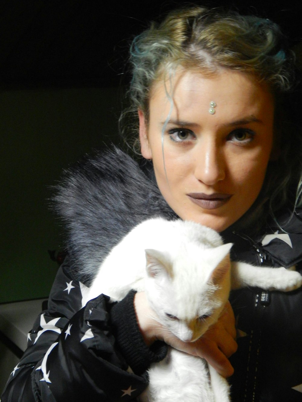 Mujer sosteniendo gato blanco