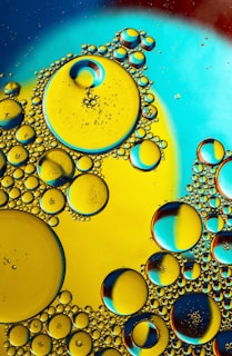 a close up of a yellow and blue liquid
