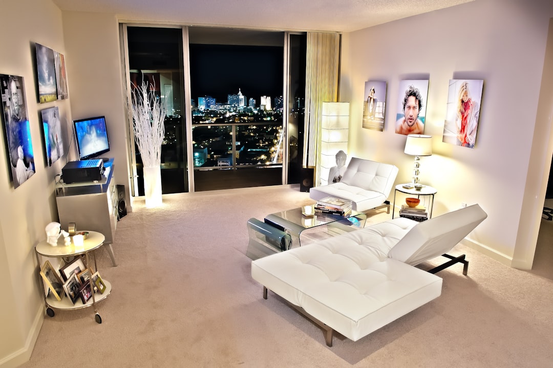 living room set with white sofa, Miami Beach at Night