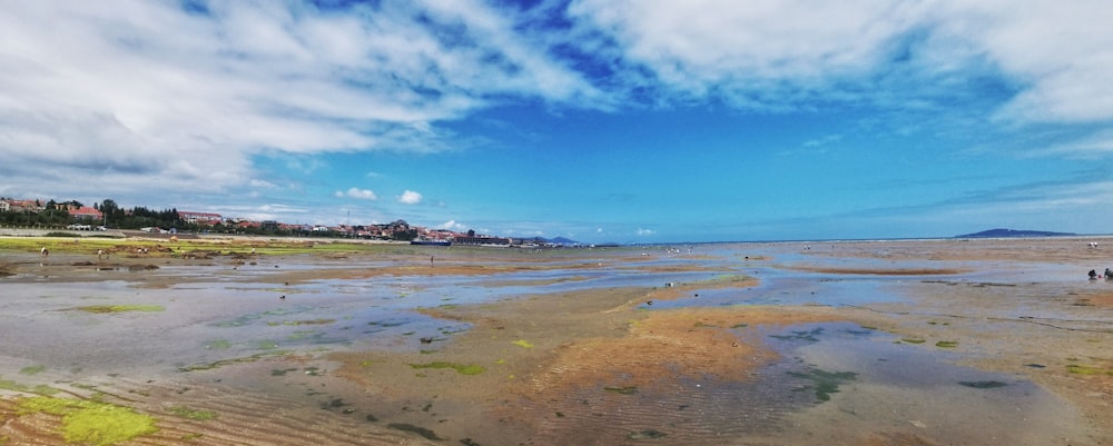 a view of a beach with people walking on it