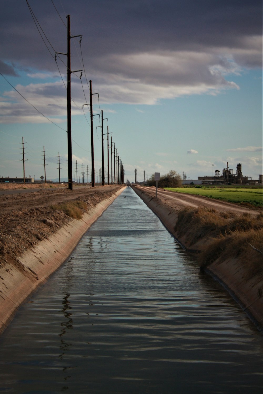 body of water beside electric posts