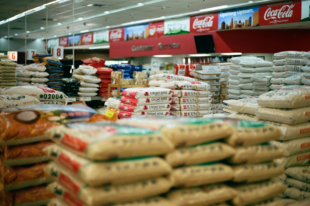Stock photograph of rice sacks in a market