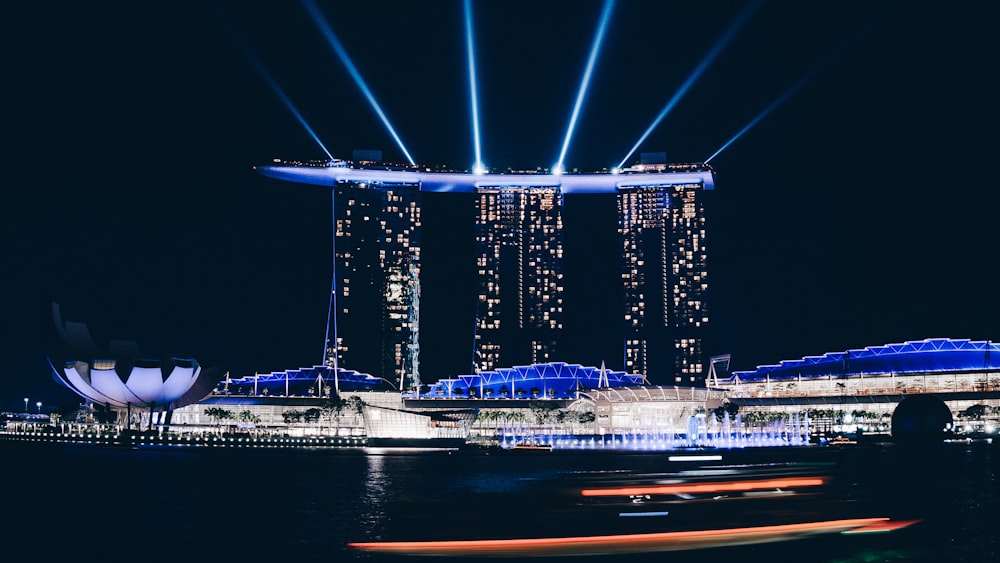 black and blue lighted buildings at nighttime