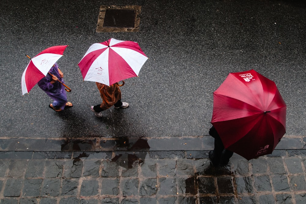 três pessoas usando guarda-chuva andando na rua