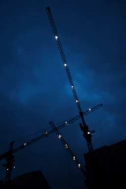 A modern construction site at dusk with cranes and building frames silhouetted against a dark blue sky.