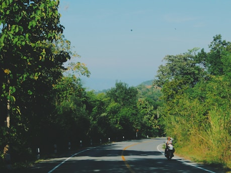 A winding mountain road with a motorcycle cruising under a clear blue sky.