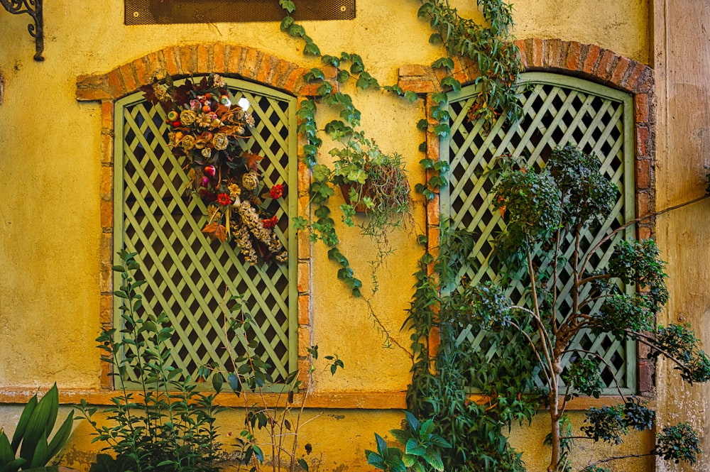 a yellow building with ivy growing on the side of it