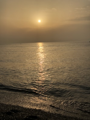 Sunset casting golden light over calm sea with a whale tail splashing gently in the distance.