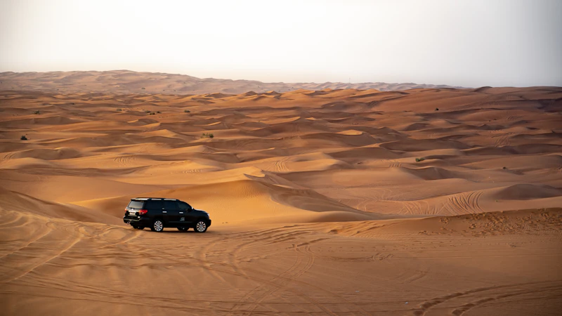 Hatchback parked on the open desert road