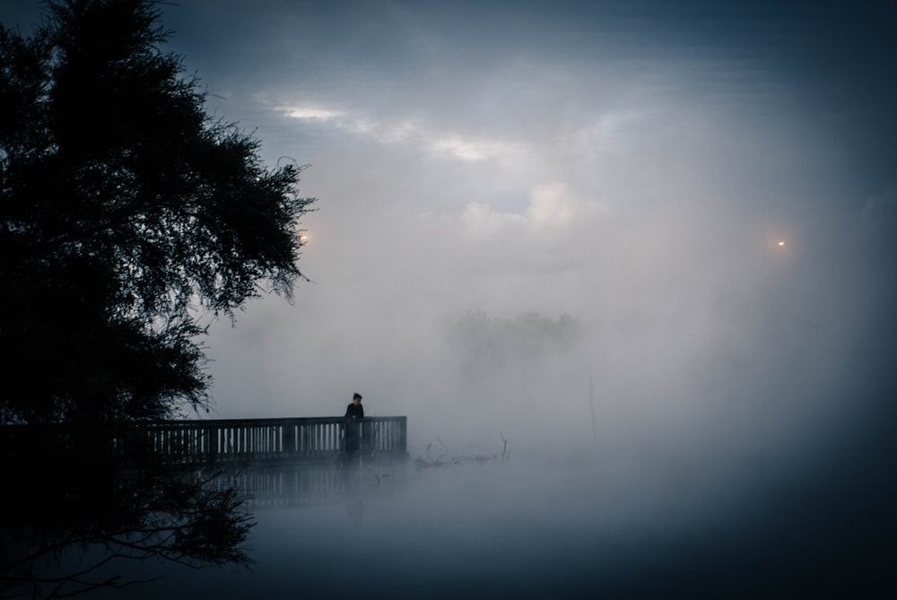 a person sitting on a bench on a foggy day