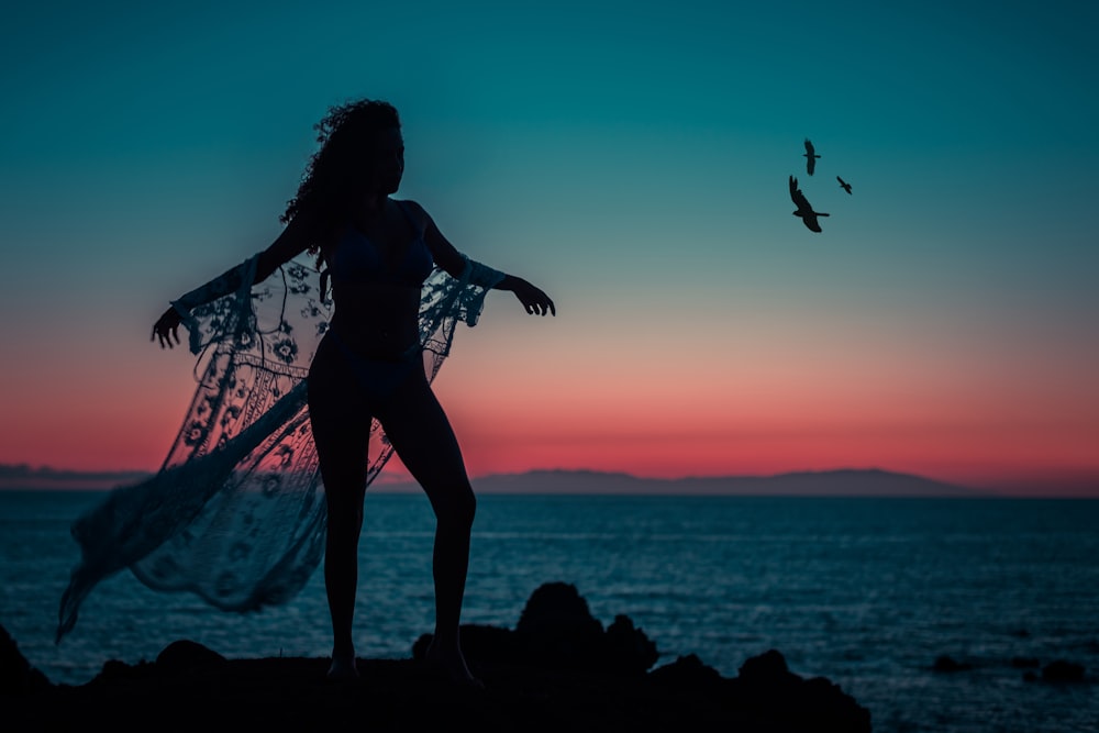 silhouette photography of woman standing fronting the beach during golden hour