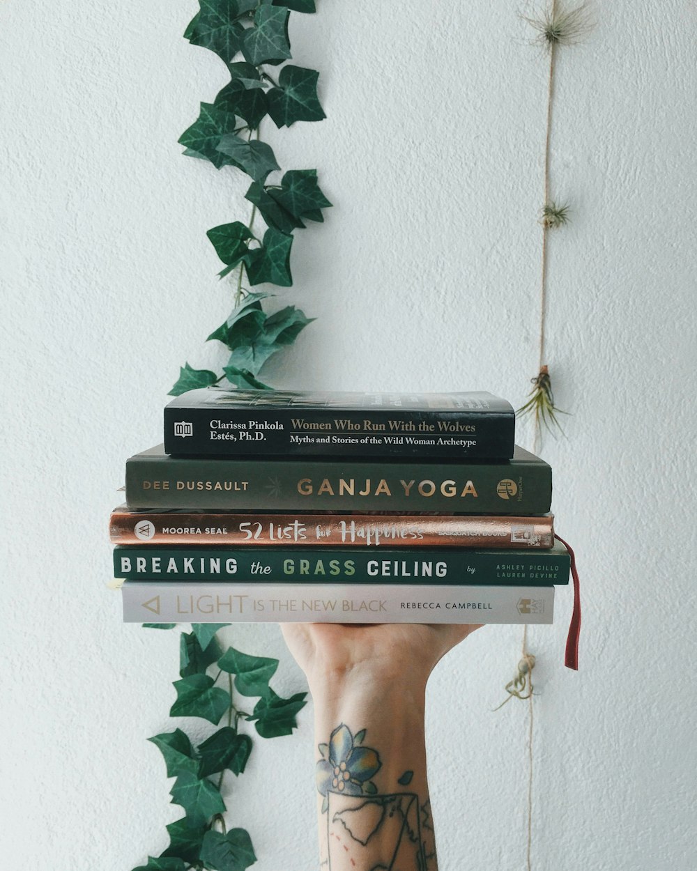 person holding five assorted books