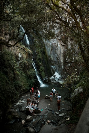 A group of people are gathered at the base of a small waterfall surrounded by lush greenery and large rocks. The water flows down the rocky cliff into a clear pool. Some individuals are standing in the water while others relax on the stones nearby. Sunlight filters through the branches above, creating a serene natural setting.