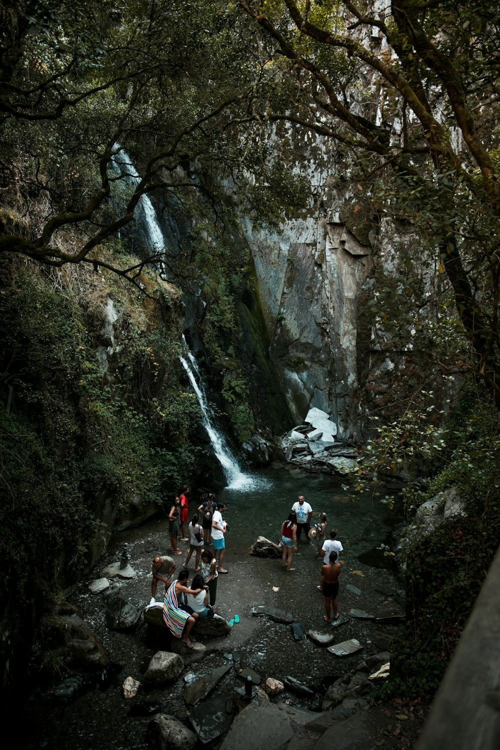 group of people on water falls