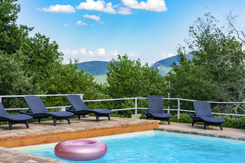 Outdoor pool, navy loungers and a pink ring, trees and hills behind