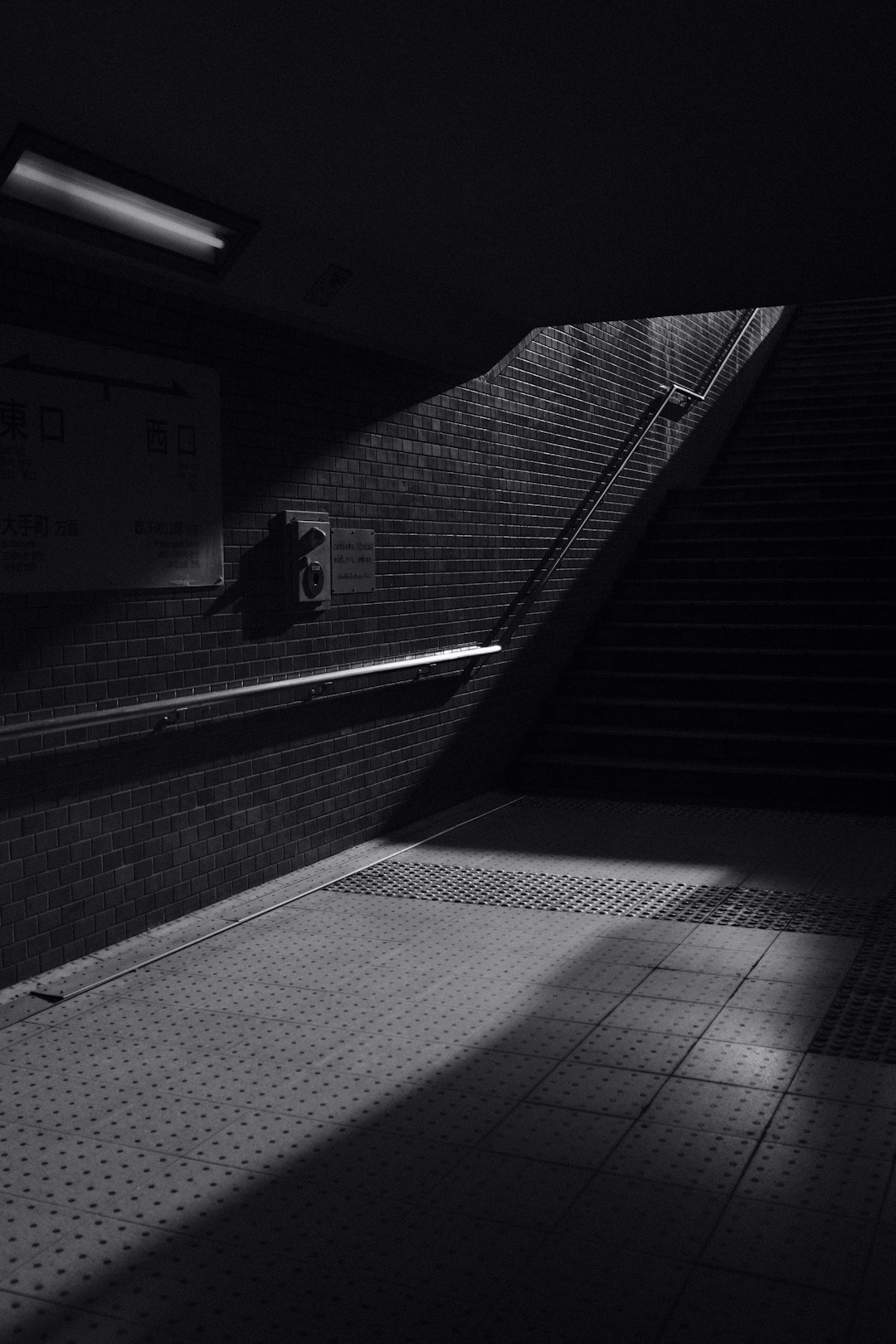 grayscale photography of bottom stair