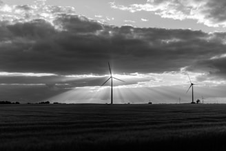Close-up of sleek wind turbines turning against a dramatic sky, with solar panels reflecting golden light in the foreground.