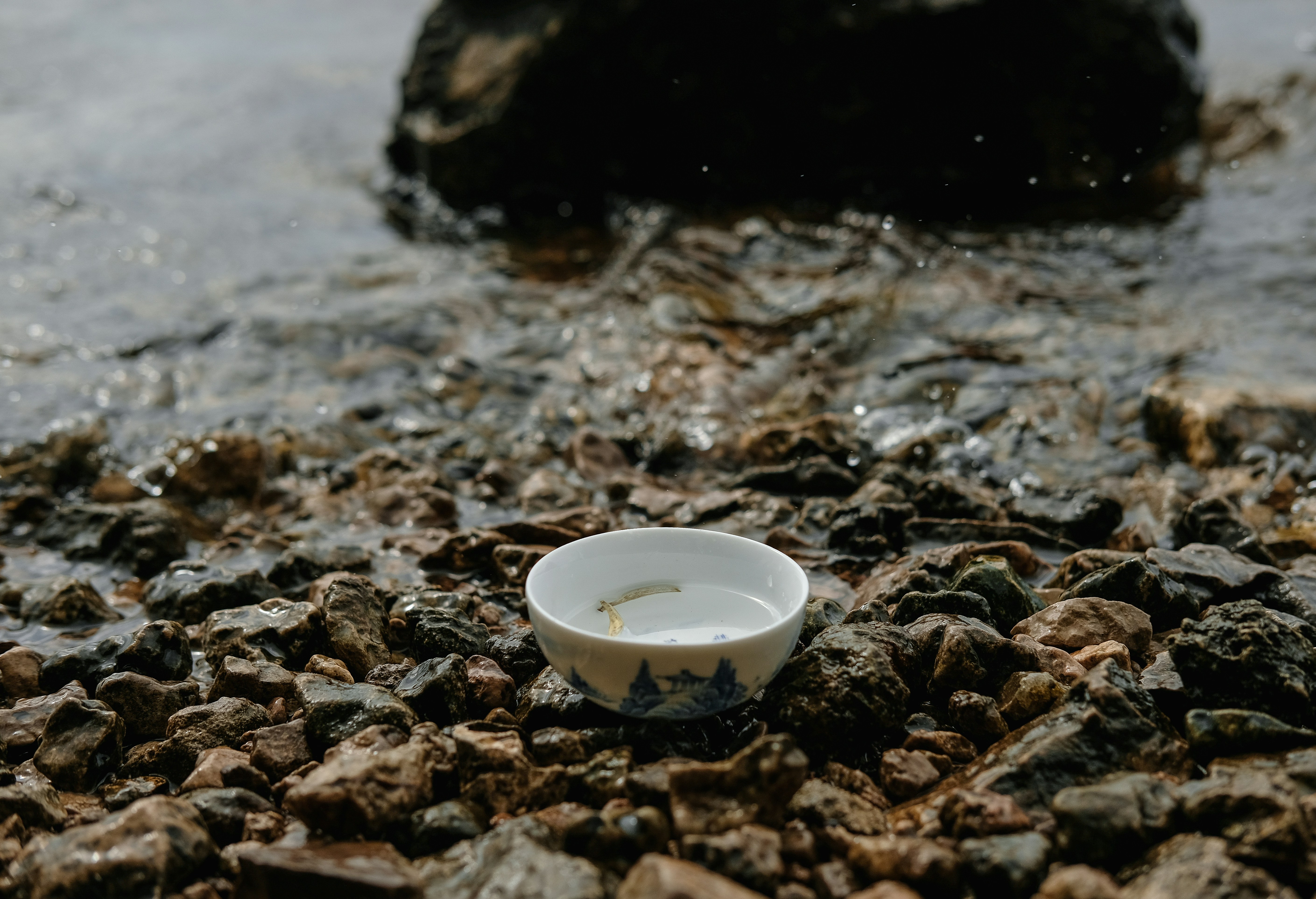round white ceramic bowl on rocks