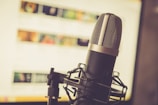 A professional microphone is positioned in the foreground, with a soft focus background showing a computer screen displaying various blurred images and text.