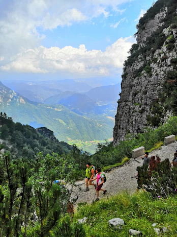 A family enjoying a scenic mountain hike with bright blue skies and lush greenery.