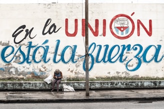 A person sits on a bench against a weathered wall with a large mural. The mural features bold letters in Spanish, partially obscured by a pole, and includes a round emblem with a star. The person's head is down, surrounded by bags, with a street and curb in the foreground.