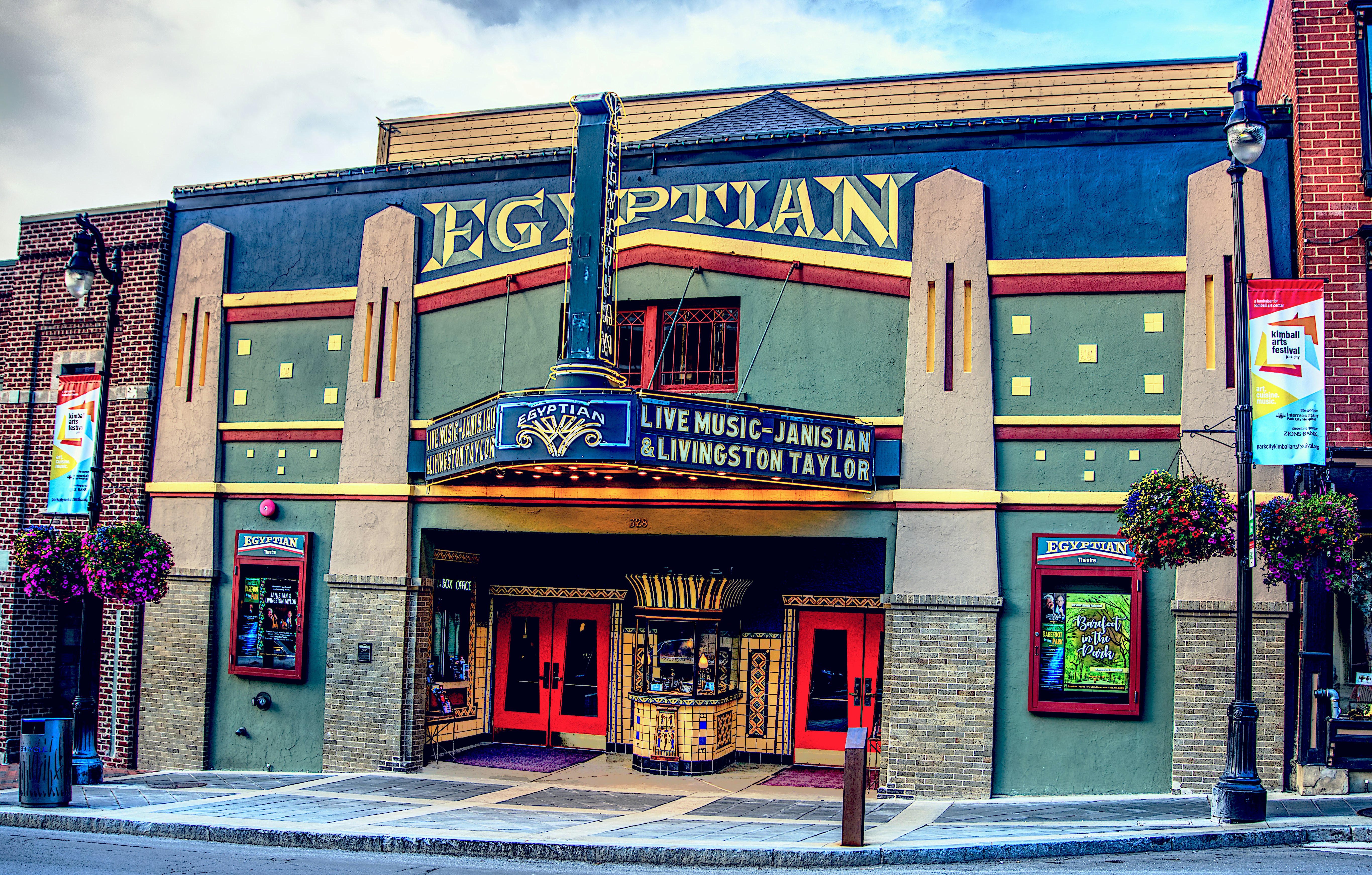 white and blue Egyptian building, The Egyptian Theatre in Park City, Utah has been a focal point of Main Street for decades.