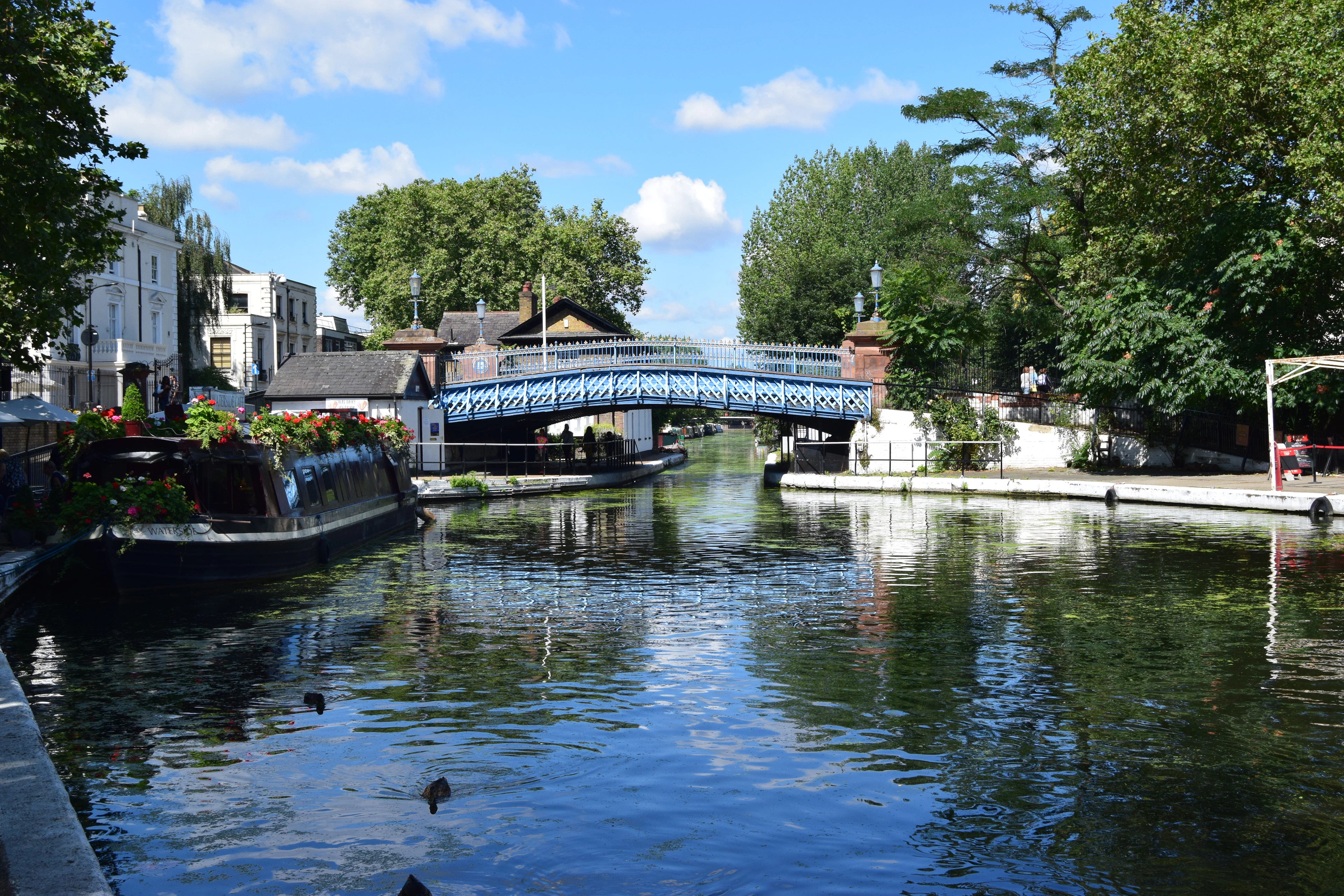 Canal boats and a bridge on the water at Little Venice