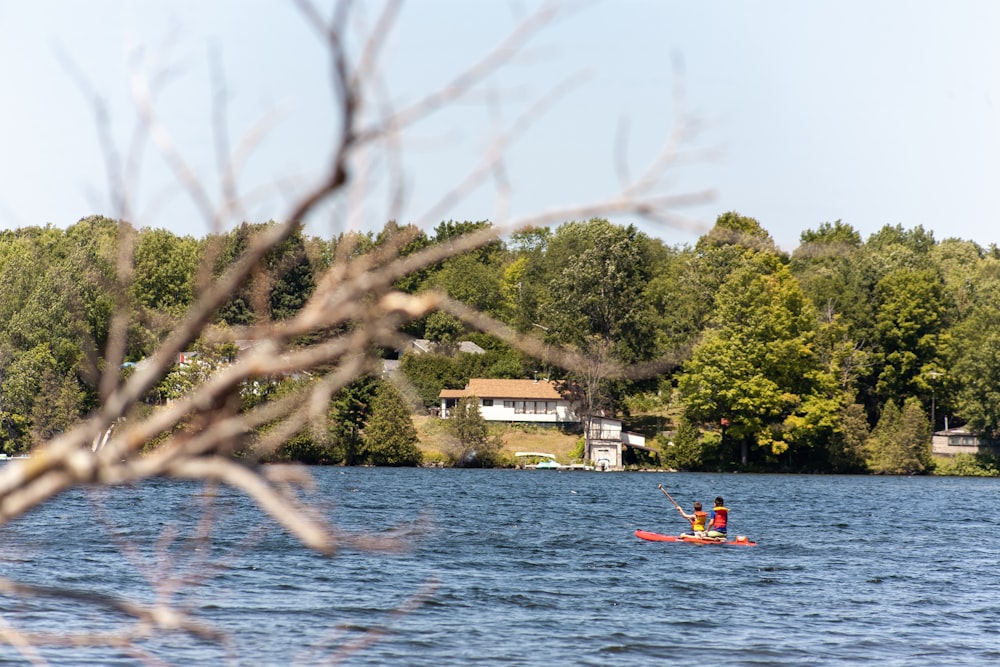 a couple of people in a boat on a lake