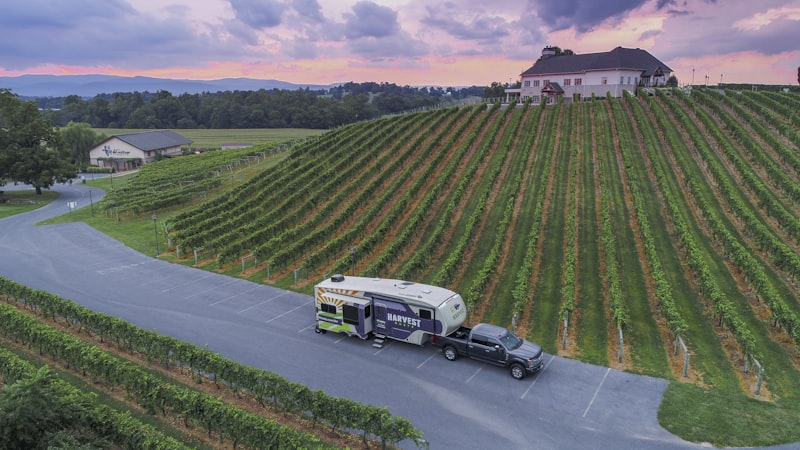 Fifth wheel RV trailer hitched to pickup truck