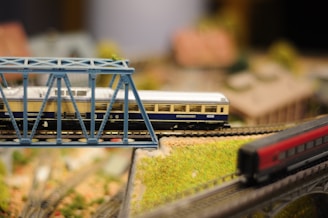 white and blue train set toy