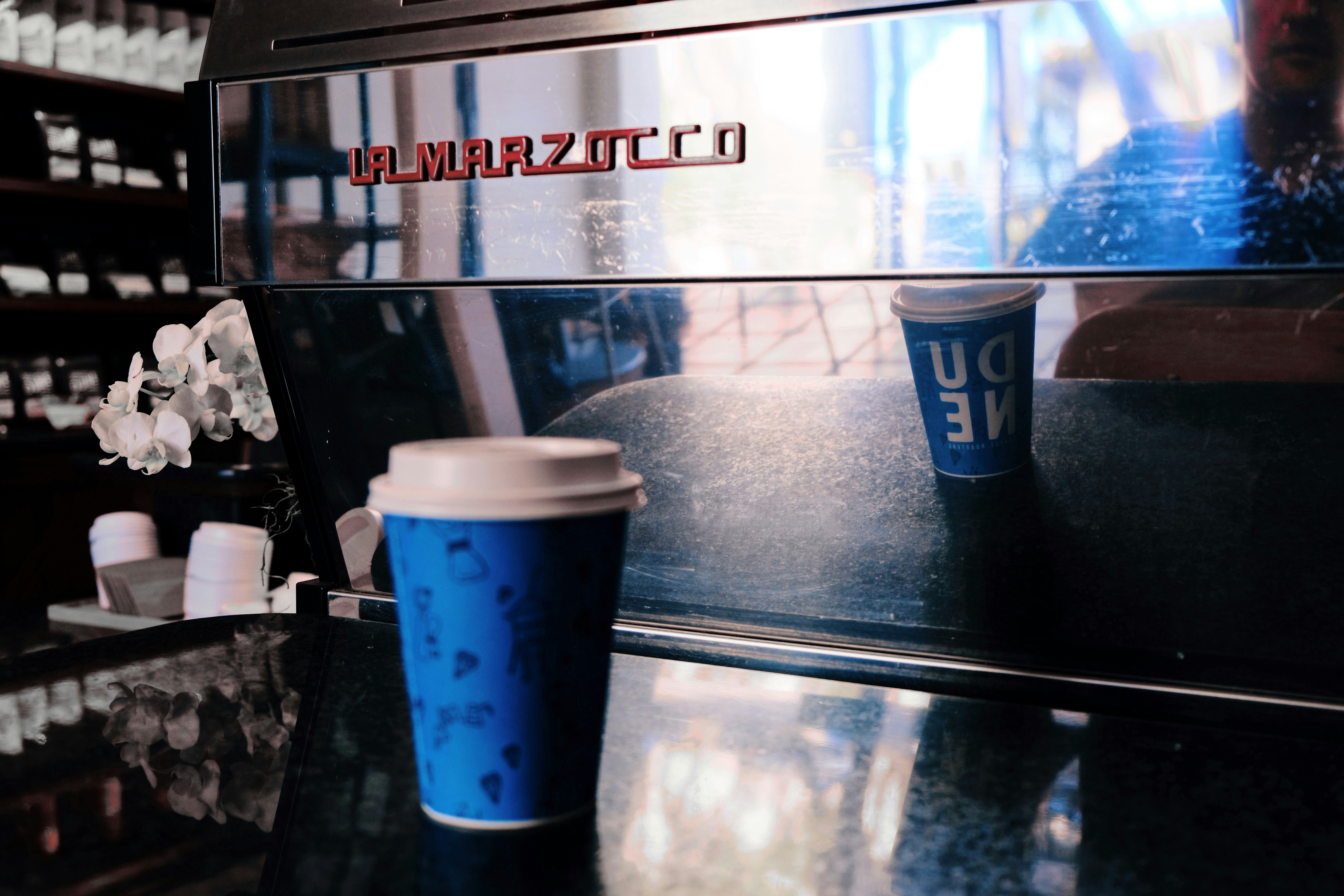 blue and white cups