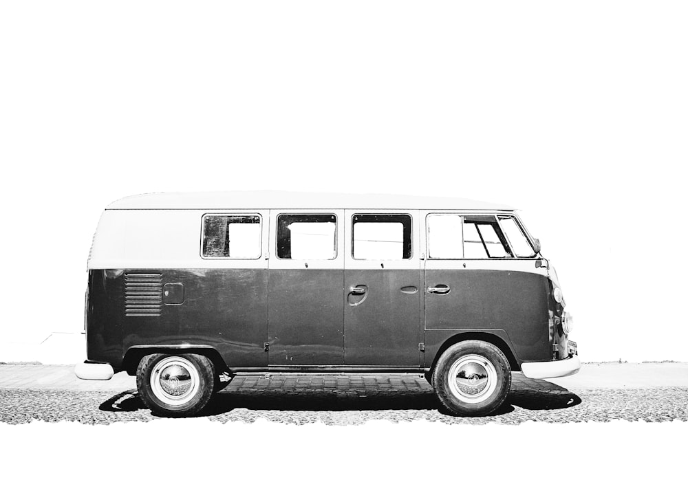 greyscale photo of van