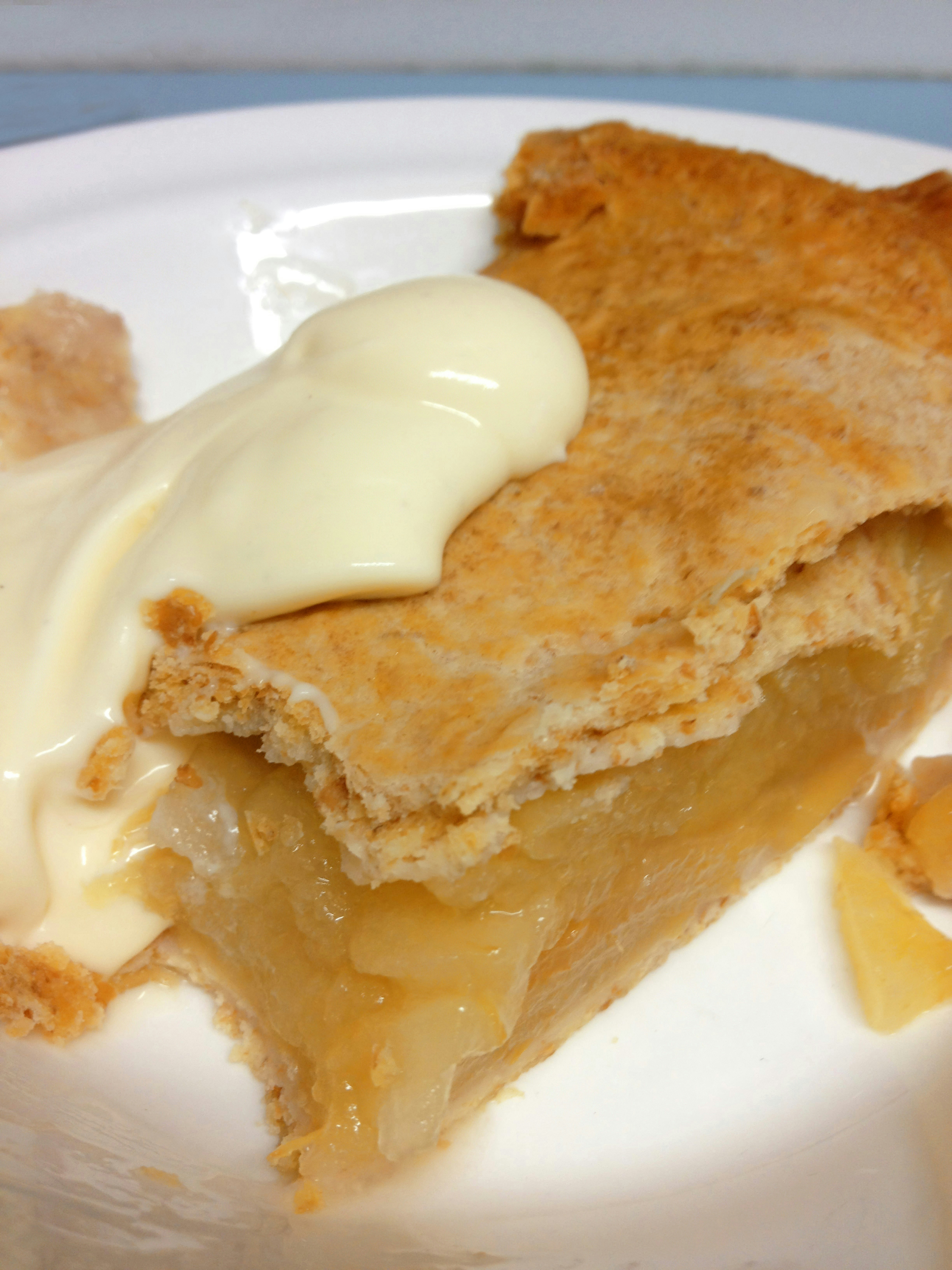 Golden apple pie slice with flaky crust and vanilla ice cream on a dessert plate