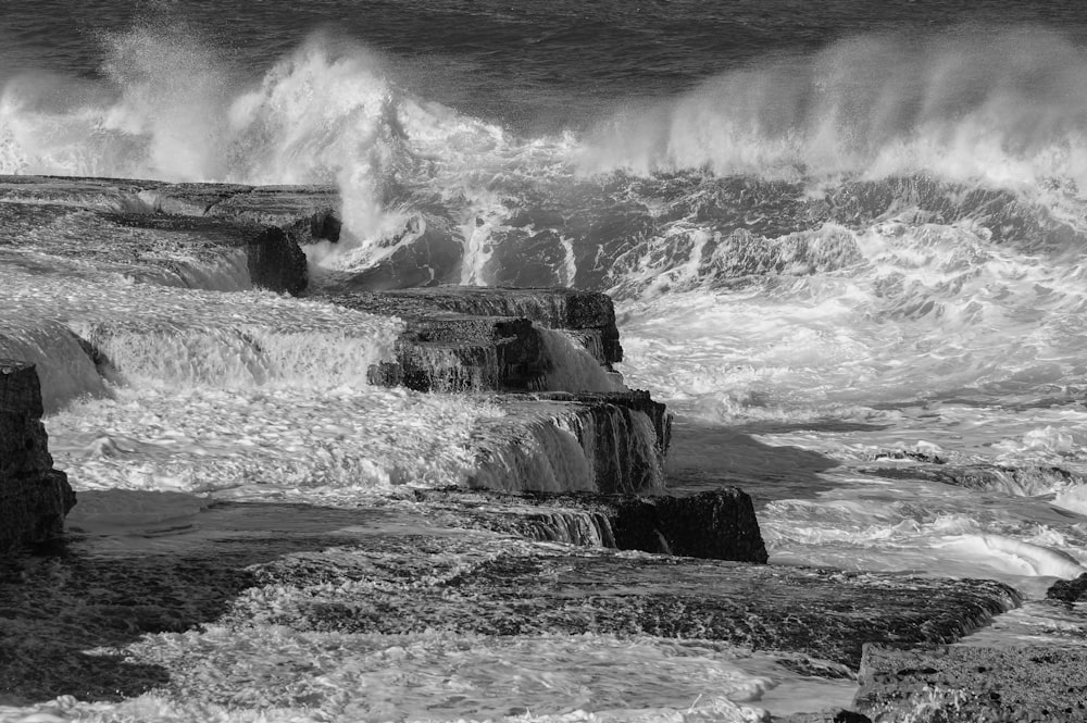 grayscale photography body of water