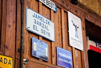 A wooden wall is adorned with several signs and plaques in various languages, featuring names and phrases. The signs have diverse designs and colors, adding an eclectic and vintage feel to the setting.