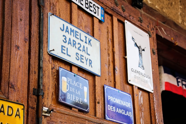 A wooden wall is adorned with several signs and plaques in various languages, featuring names and phrases. The signs have diverse designs and colors, adding an eclectic and vintage feel to the setting.