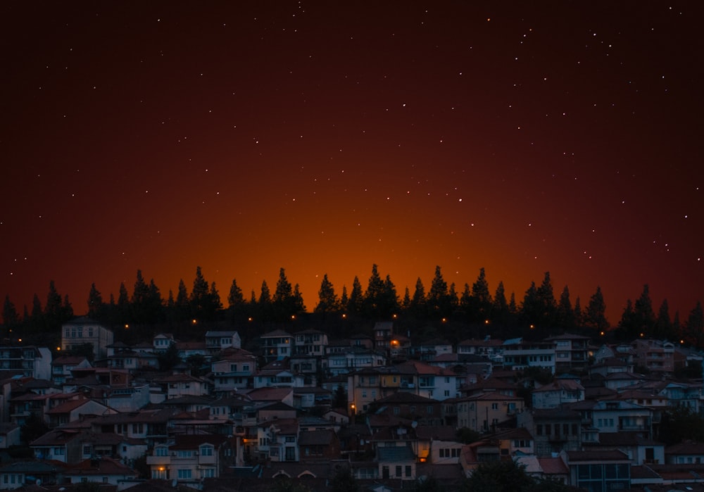 Häuser und Bäume in der Nacht