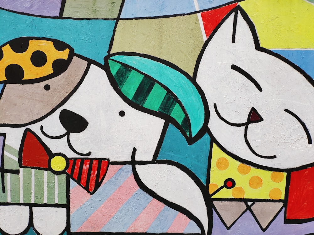 Peinture multicolore chat et chien