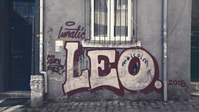 A wall with urban graffiti featuring the large word 'LEO' in bold, block letters. Surrounding graffiti includes words like 'lunatic' and 'malcolm' as well as various tags and smaller texts. The wall is adorned with pipes and a window that has iron bars. The surface appears aged and is set against cobblestone paving.