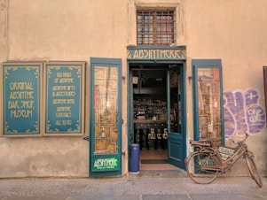 green and beige store front