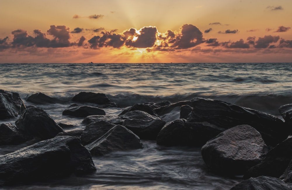 rocky beach at sunset