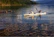 A joyful person paddling on a calm lake with their happy dog harnessed in front.