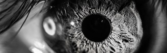 grayscale photography of person's eye
