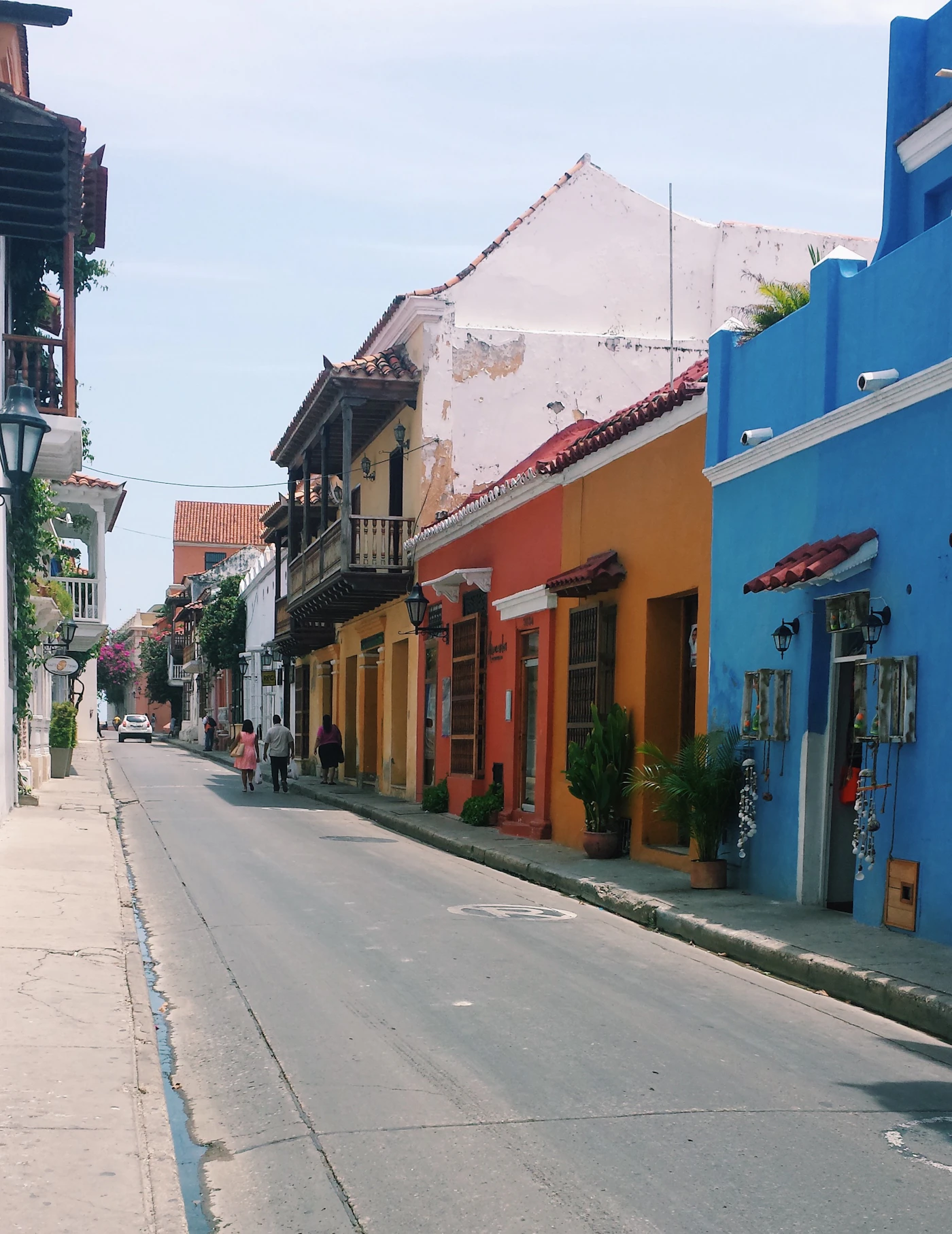 Colourful colonial houses and architecture in Cartagena Colombia viewed from the historic walled city showing the pastel building facades of the Caribbean coast