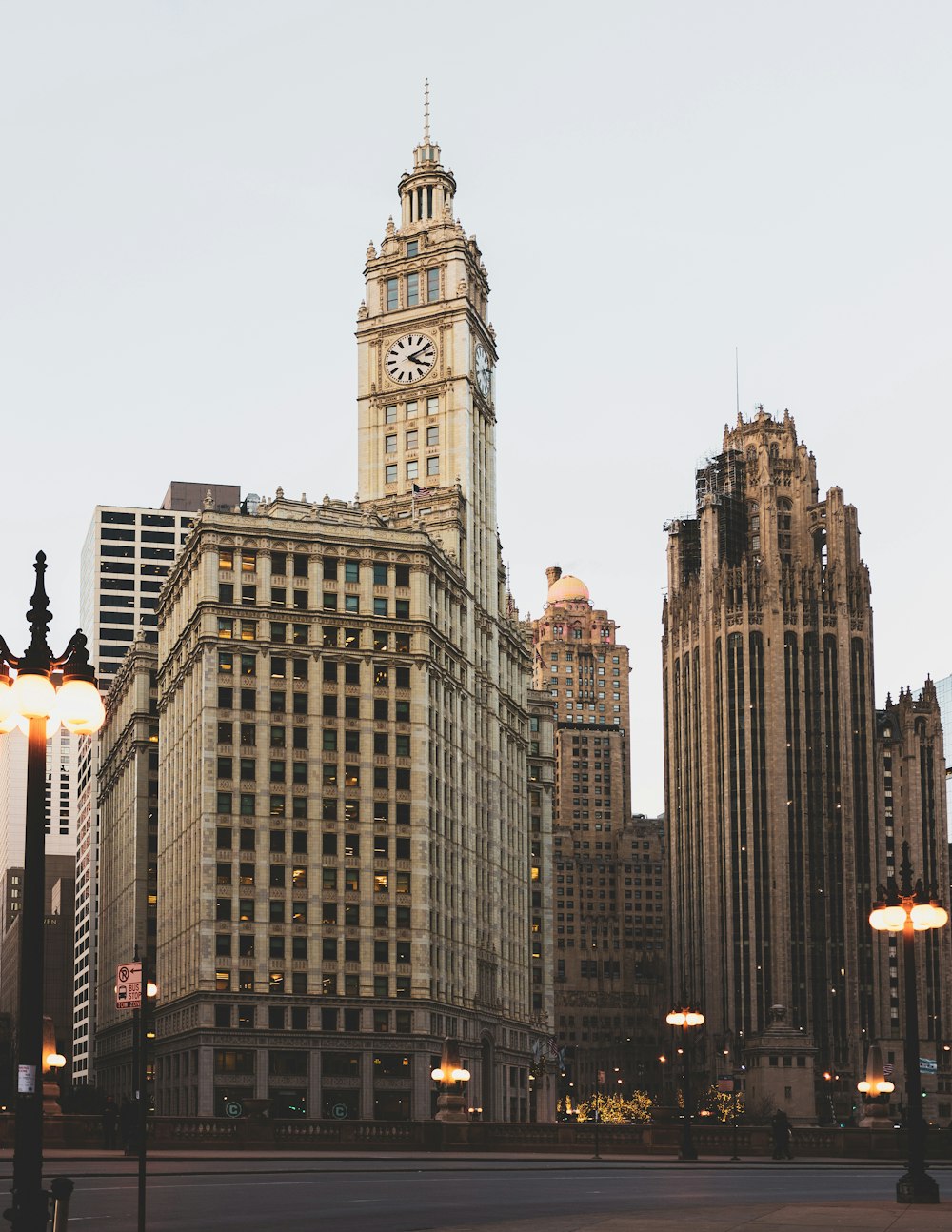 grey buildings with clock tower