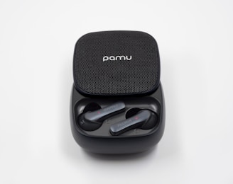 Close-up of a pair of sleek, modern earbuds with a charging case.