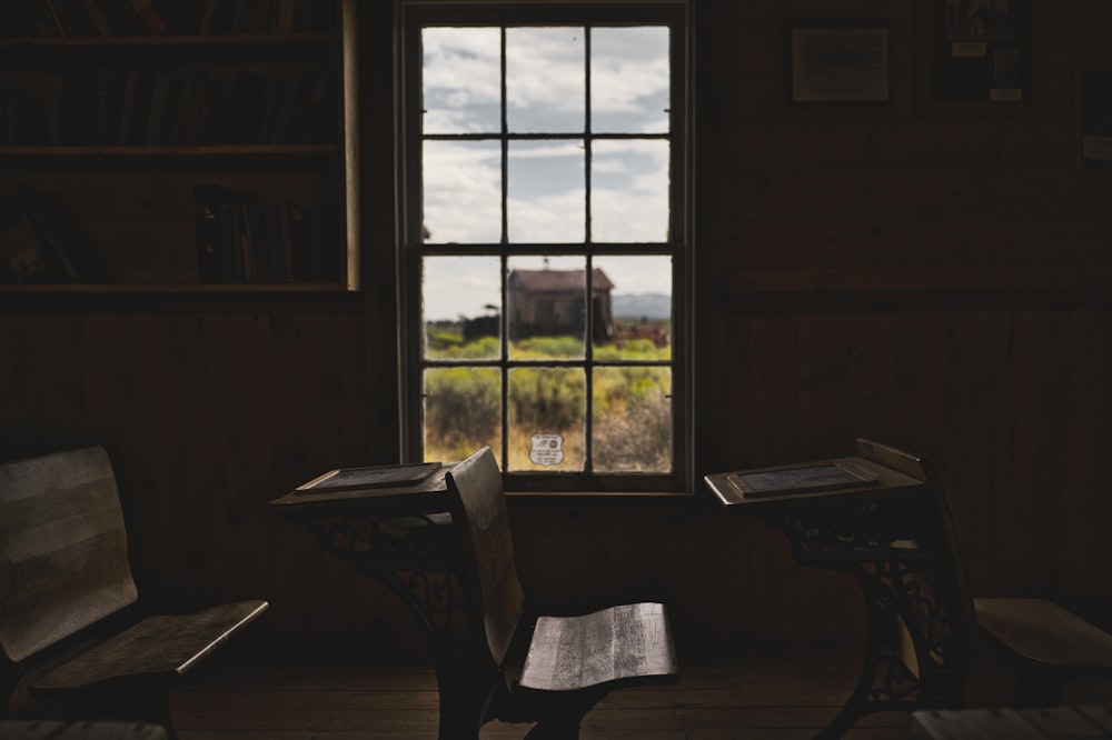 brown wooden desks and clear glass window