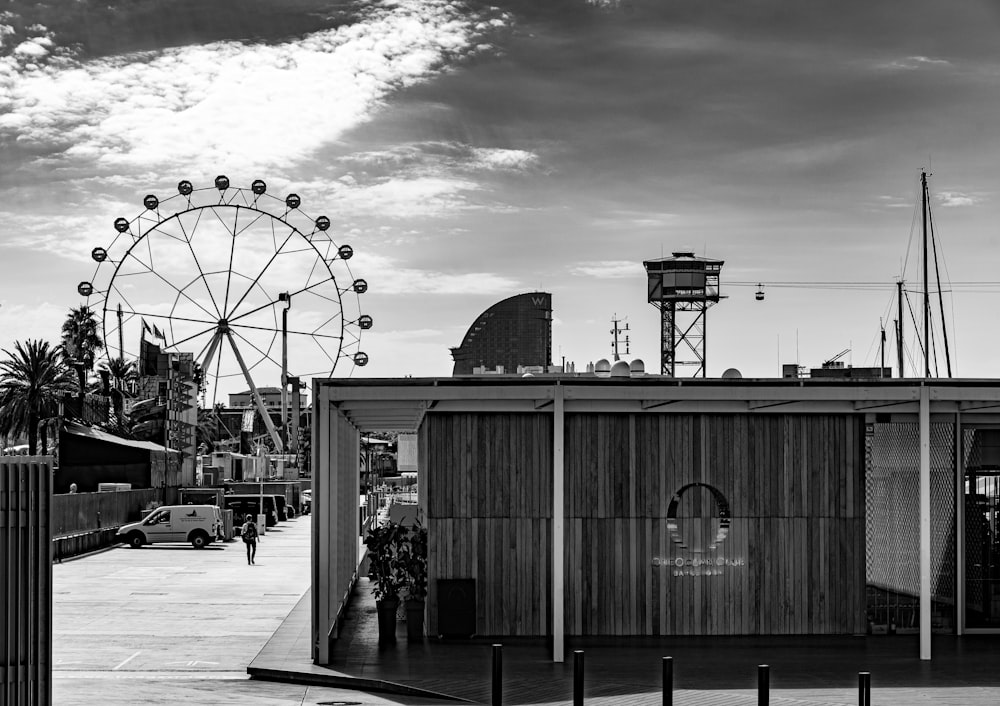 grayscale photo of Ferris wheel