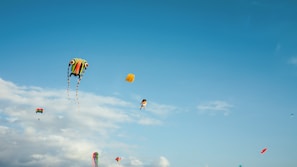 Various colorful kites of different shapes and sizes are flying against a clear blue sky with scattered clouds. One of the kites has a unique design resembling a face, and another appears to be shaped like a cartoon character.